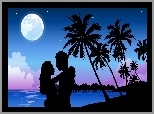 Zakochani, Plaża, Księżyc, Noc, Morze